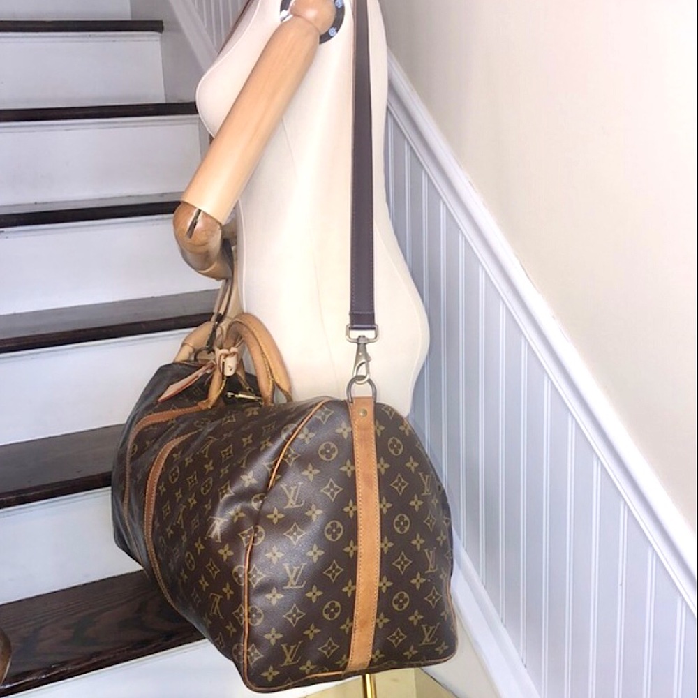 LOUIS VUITTON Monogram Keepall Bandolier Crossbody Weekend Travel Bag LV 55 - Picture 6 of 17